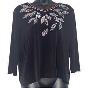Alfred Dunner Black Embellished embroidered 3/4 Sleeve polyester blouse size m